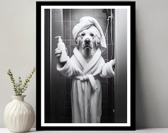 May include: A black and white photo of a dog wearing a white bathrobe and holding a bottle of shampoo. The dog is in a shower stall with a shower head above.