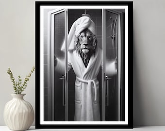 May include: A black and white photograph of a lion wearing a white bathrobe and a towel on its head, standing in a shower stall.