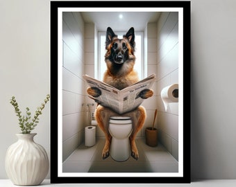 Belgischer Malinois Wandkunst, lustiges Badezimmerdekor, Belgischer Malinois in Toilette, Tier in Toilette, Petshop Kunst, Hund Kunst, digitaler Download