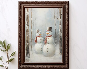 Familie kerstsneeuwpop, kerstkunst aan de muur, afdrukbare sneeuwpop, vintage kerstprint, winterprint, vintage winterkunst