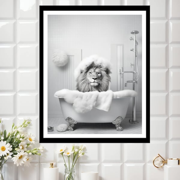 Lion in a bathtub, Lion Bathing, black and white Bathroom Print, Safari Animal Art, Animal in bathtub, Lion in Tub Print, Whimsy Animal