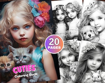 20 adorables personnages à colorier, livre de coloriage en niveaux de gris, cadeau pour filles, enfants, adultes, téléchargement immédiat, pages à colorier pour filles mignonnes, imprimables
