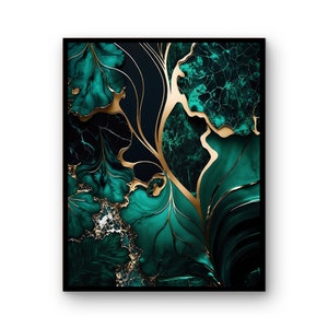 Grün Marmor Gold | Schwarze abstrakte Wandkunst | Schattenfugenrahmen mit gespannter Leinwand Druck Wandkunst | Lux Leinwand Druck Wandkunst