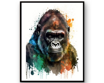 Gorilla Watercolor Art Print, Gorilla Painting Wall Art Decor, Gorilla Print, Gorilla Poster, Wildlife Gift Animals