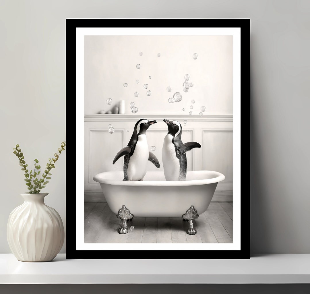 Penguins in Tub Art Print: Funny Bathroom Wall Decor (digital Download ...
