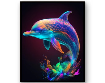 Colourful Neon Dolphin Wall Art  | Dolphin Print | Download Dolphin Poster |  Wild Life Gift Animals | Wall Decor