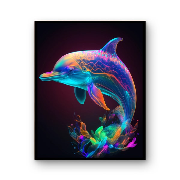 Colourful Neon Dolphin Wall Art  | Dolphin Print | Download Dolphin Poster |  Wild Life Gift Animals | Wall Decor