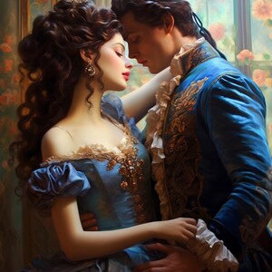 Op de afbeelding: Een stel dat romantisch omhelst, de vrouw draagt een blauwe jurk met gouden versieringen en de man draagt een blauw en gouden pak. Ze staan voor een raam met bloemenversieringen.