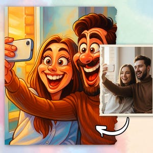 May include: A vibrant cartoon illustration of two people taking a selfie with a smartphone. The image features a woman and a man with exaggerated expressions, smiling widely. A smaller, realistic photo of a couple taking a selfie is also present.