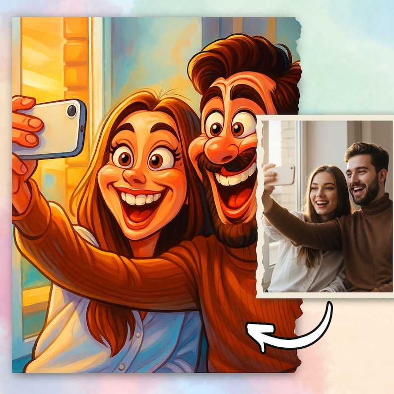 May include: A vibrant cartoon illustration of two people taking a selfie with a smartphone. The image features a woman and a man with exaggerated expressions, smiling widely. A smaller, realistic photo of a couple taking a selfie is also present.