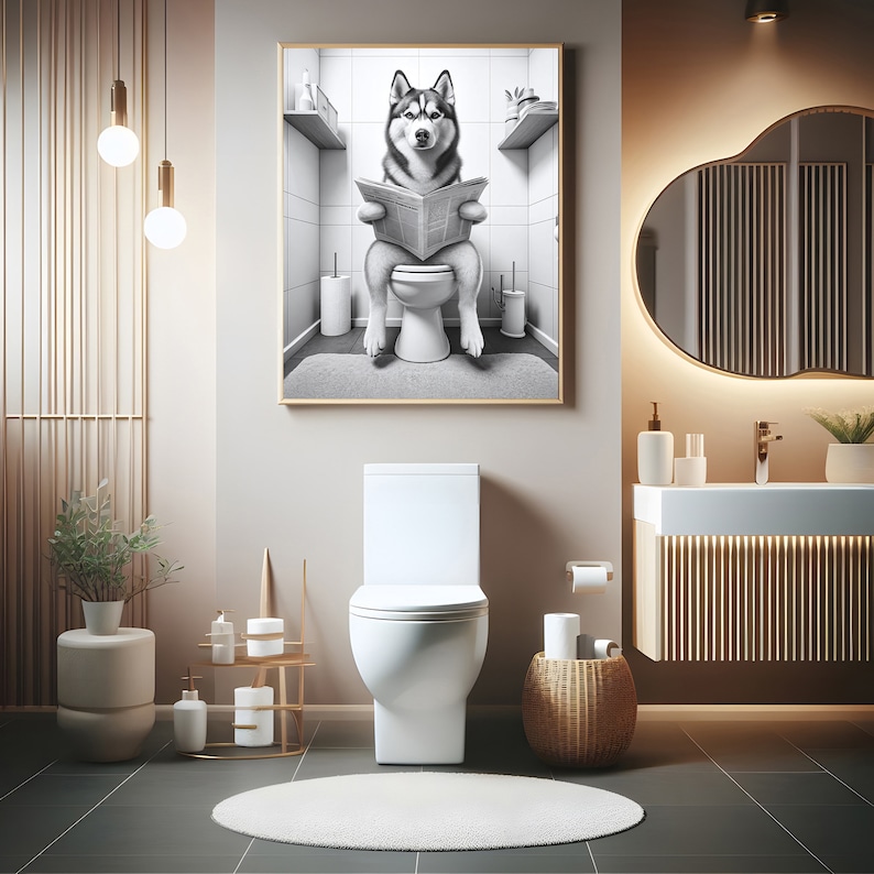 May include: A black and white photo of a husky dog sitting on a toilet and reading a newspaper. The photo is framed and hanging on a wall in a bathroom with a white toilet, a brown wicker basket, and a white sink.