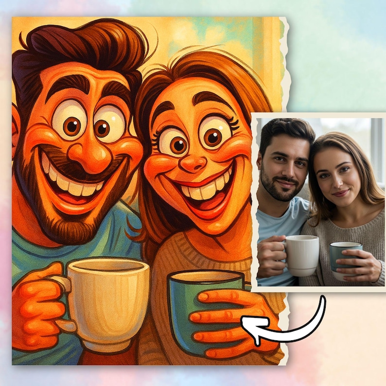 May include: A cartoon illustration of a smiling couple holding mugs of coffee. The image is a colorful, stylized drawing with exaggerated features. A smaller photo shows the couple in a realistic setting, also holding mugs.