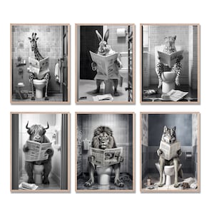 Animals Print, Set Of 6, Funny Bathroom Decor, Animals in toilet, Black And White Animals, Mega Bundle of 6, Printable Digital Download