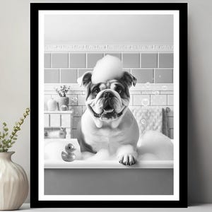 English Bulldog Wall Art, Funny Bathroom Decor, Pet Portrait, Dog Art, English Bulldog Gift, Dog in Bubble Bath, Digital Download