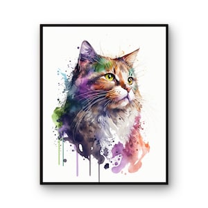 Watercolor Cat, Cat Art, Digital art print, Cat Print, Cat Poster,  Printable wall art, Wall Decor