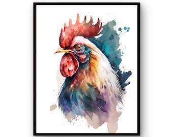 Watercolor Rooster, PRINTABLE ART, Instant Download, Rooster Print, Rooster Poster, Wildlife Gift Animals, Nursery Animal Painting Colorful