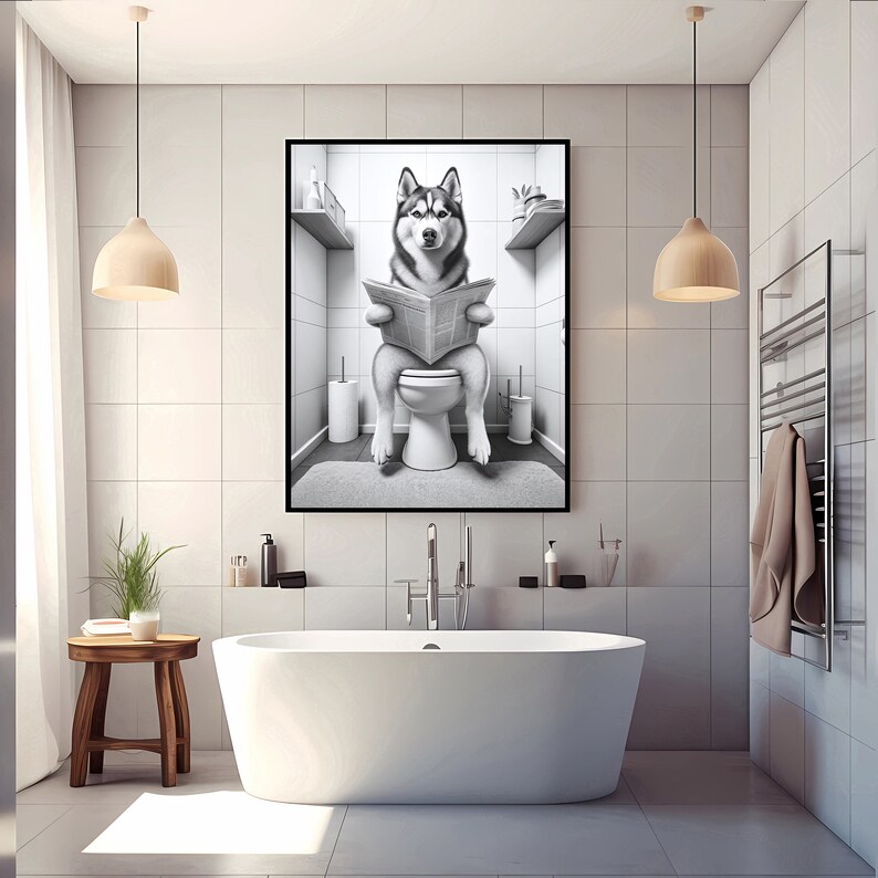 May include: Black and white illustration of a husky dog sitting on a toilet and reading a newspaper in a bathroom setting.
