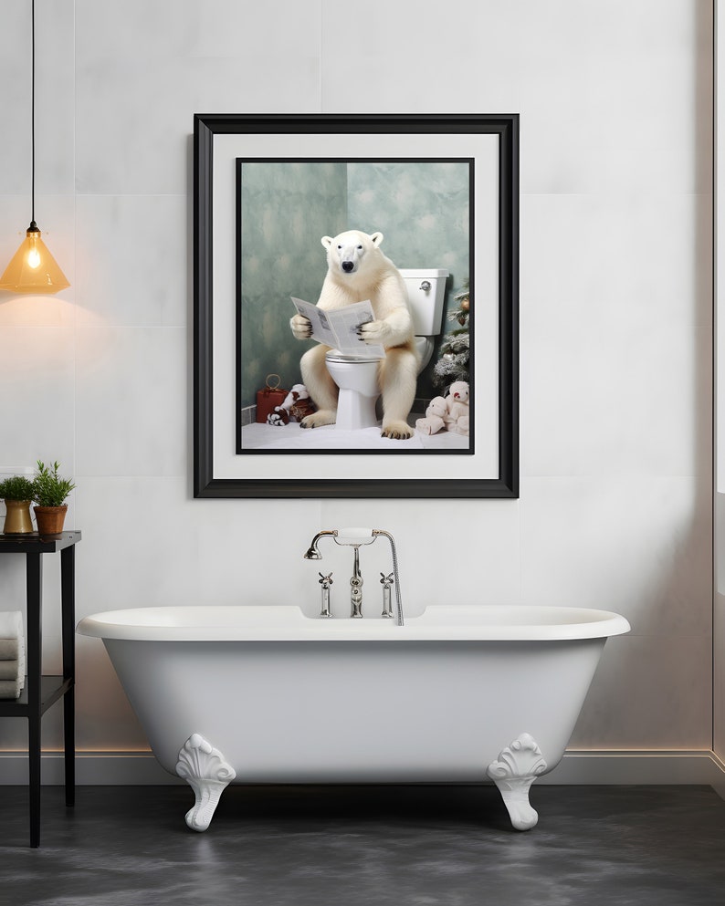 Polar Bear Wall Art, Funny Bathroom Decor, Polar Bear in Toilet, Animal
