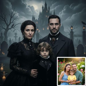 Puede incluir: Retrato familiar en un entorno gótico. La familia de tres, vestida de negro, está de pie frente a un castillo oscuro y un cementerio. Un retrato familiar más pequeño y colorido está en la esquina inferior derecha.