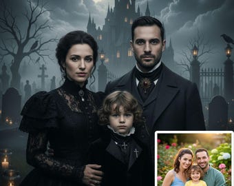 May include: A family portrait in a gothic setting. The family of three is dressed in black attire, standing in front of a dark castle and a graveyard. A smaller, colorful family portrait is in the bottom right corner.