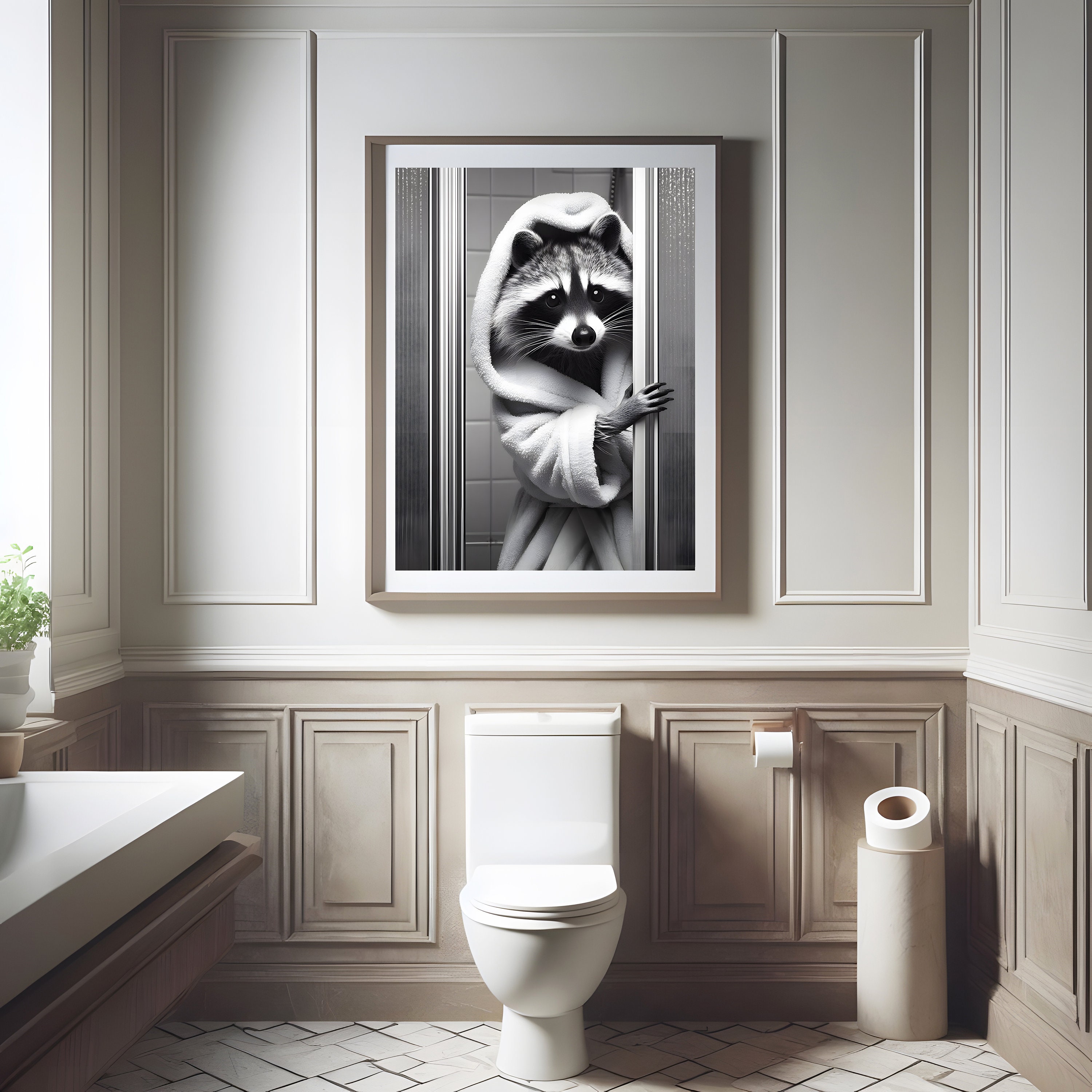 Raccoon Wall Art, Funny Bathroom Decor, Raccoon in the Bathroom, Animal ...