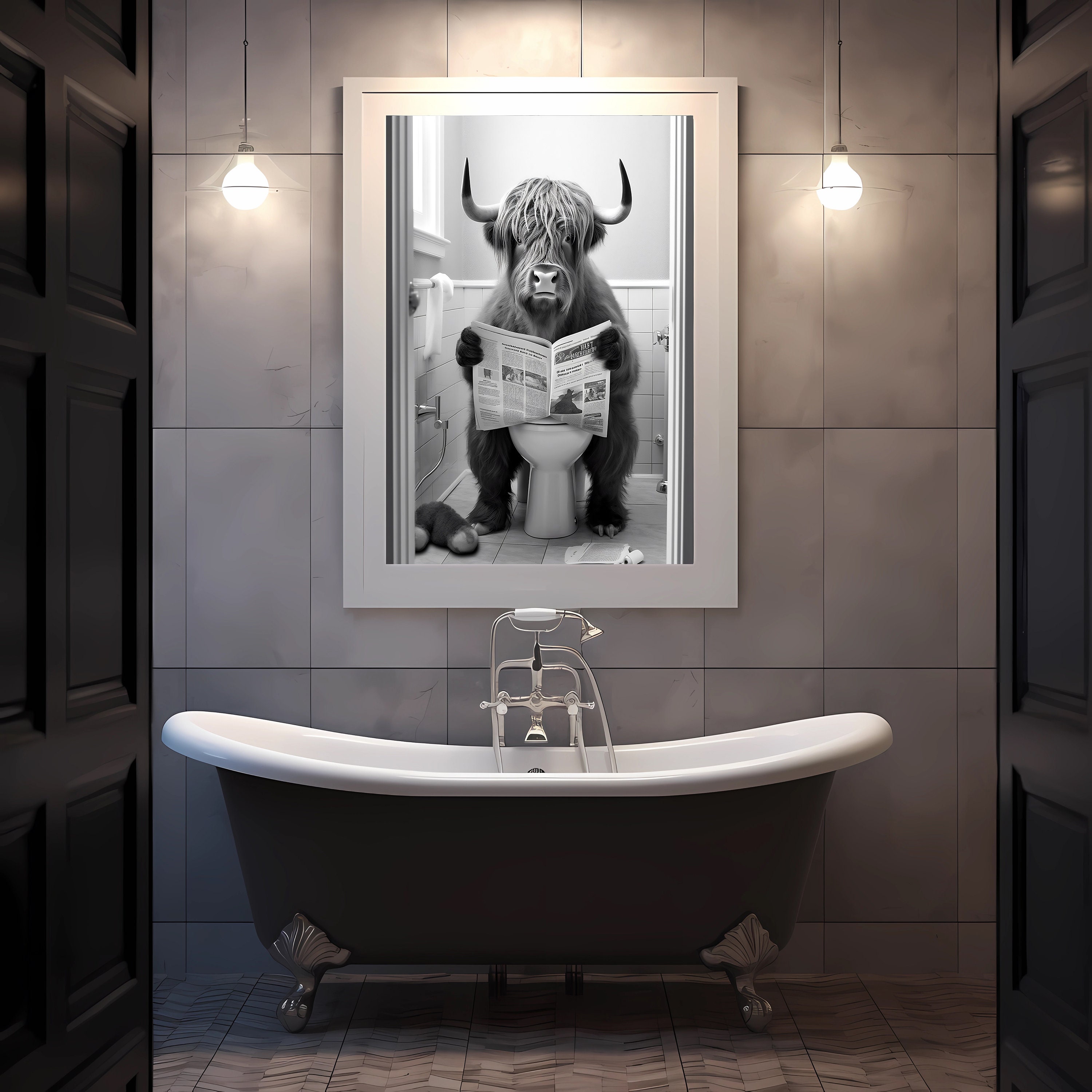 Highland Cow Sitting on the Toilet Reading a Newspaper, Funny Bathroom ...