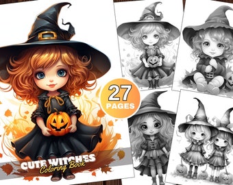 27 lindos libros para colorear de brujas, lindos libros para colorear, libros para colorear en escala de grises, regalo para niñas, niños, adultos, imprimibles, descarga en PDF