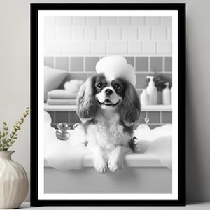 Cavalier King Charles Spaniel Wall Art, Funny Bathroom Decor, Pet Portrait, Dog Art, Cavalier King Gift, Dog in Bath, Digital Download