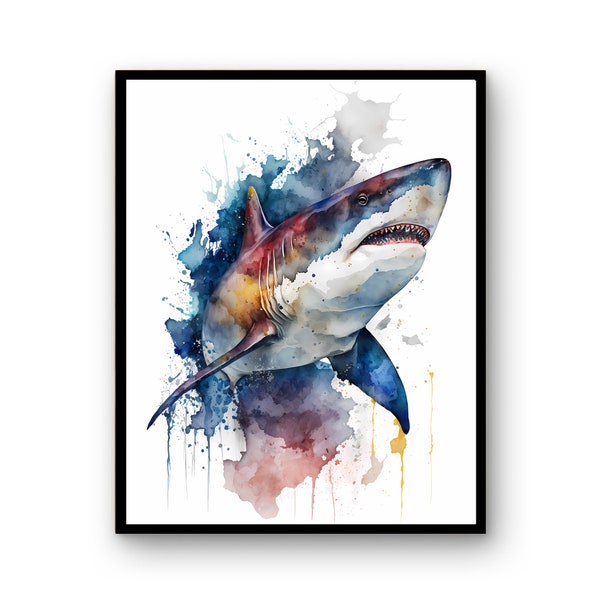 Watercolor Shark, PRINTABLE ART, Instant Download, Shark Print, Shark Poster, Wildlife Gift Animals, Nursery Animal Painting Colorful