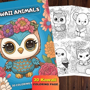 30 Cute Kawaii Animals Coloring Pages, Kids, Adults, Instant Download Grayscale Coloring Page, Printable PDF, Baby Animals Coloring Pages