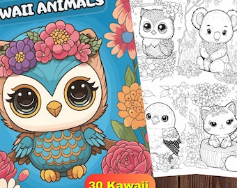 May include: A coloring book cover featuring a kawaii owl with a flower crown. The cover is blue with white text that reads "Kawaii Animals" and "30 Coloring Pages".