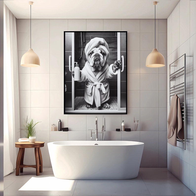 Engelse Bulldog kunst aan de muur, badkamer Art Print, Engelse Bulldog foto, kunst aan de muur badkamer, cadeau, grappige badkamer wand decor, digitale download afbeelding 5