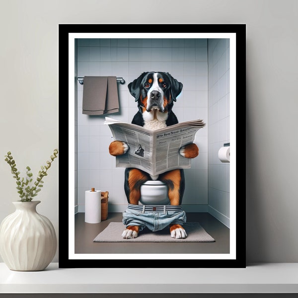 Greater Swiss Mountain Wall Art, Funny Bathroom Decor, Dog in Toilet, Animal in toilet, Petshop Art, Dog Art, Dog Gift, Digital Download