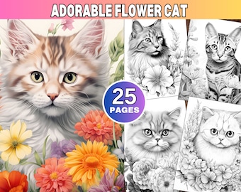 25 Adorable Flower Cat Coloring Book, Printable Adult and kids Coloring Pages, Grayscale Coloring Book, Instant Download, PDF Download