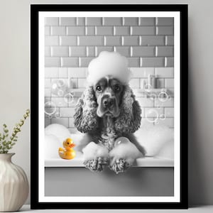 May include: A black and white photograph of a Cocker Spaniel dog in a bath with bubbles. The dog has a white fluffy towel on its head and is looking at the camera. A yellow rubber duck is in the bath.