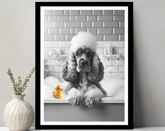 English Cocker Spaniel Wall Art, Funny Bathroom Decor, Pet Portrait, Dog Art, Cocker Spaniel Gift, Dog in Bubble Bath, Digital Download