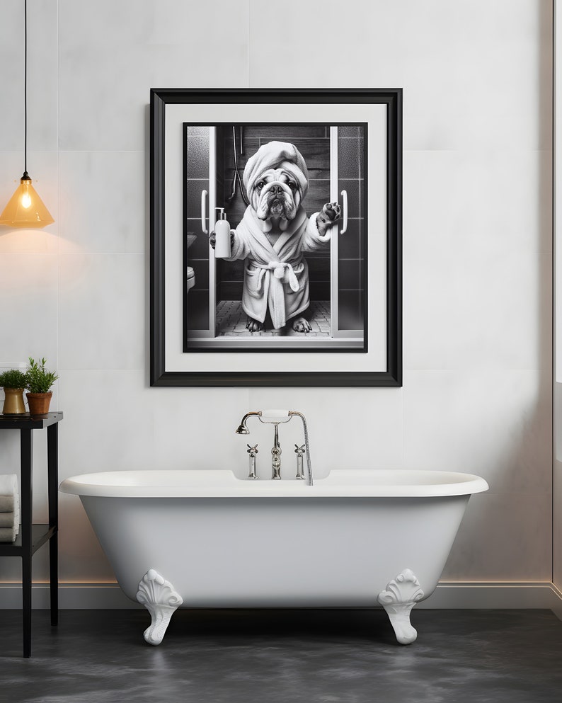 Engelse Bulldog kunst aan de muur, badkamer Art Print, Engelse Bulldog foto, kunst aan de muur badkamer, cadeau, grappige badkamer wand decor, digitale download afbeelding 7