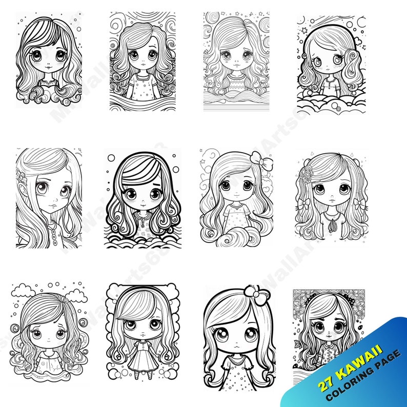27 Kawaii Girls Coloring Pages Cute Coloring Book Gift for - Etsy