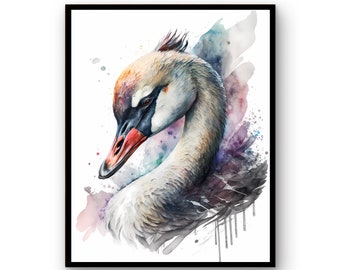 Cisne de acuarela, ARTE IMPRIMIBLE, Impresión de cisne, Descarga instantánea, Póster de cisne, Regalo de vida silvestre, Animales, Decoración de pared, Pintura de animales para guardería, Colorida