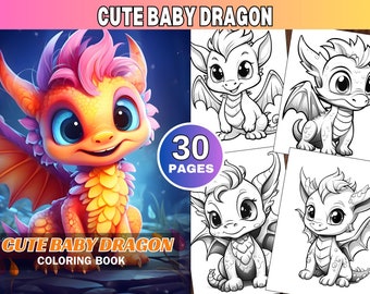 30 lindos libros para colorear de bebés dragones, páginas para colorear para niños imprimibles, libro para colorear en escala de grises, página para colorear de dragones, descarga en formato PDF