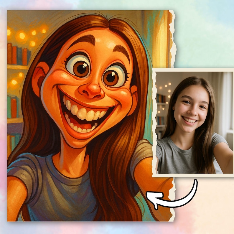 May include: A digital illustration of a smiling person with brown hair and large brown eyes. The cartoon-style image is next to a photograph of a person smiling. The background has a bookshelf and string lights.