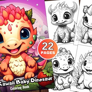 22 かわいい赤ちゃん恐竜の塗り絵、かわいい塗り絵ページ、大人と子供の塗り絵ページ、グレースケール塗り絵、PDF ダウンロード