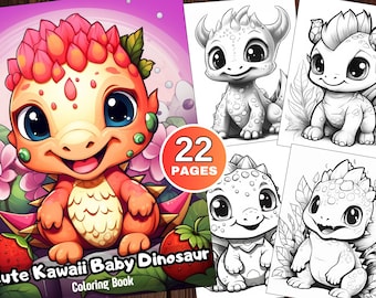 22 schattige Kawaii Baby dinosaurus kleurboek, Kawaii kleurplaat, kleurplaten voor volwassenen en kinderen, grijswaarden kleurboek, PDF-download