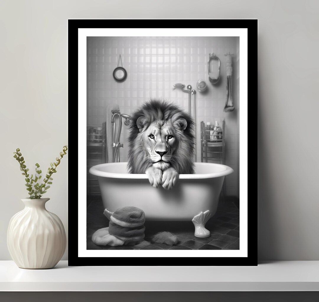 Cute Lion in Tub Printable Wall Art | Lion Photo | Lion Art | Bathroom ...