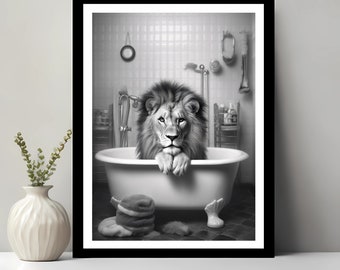 May include: Black and white framed print of a lion in a bathtub. The lion is looking directly at the viewer with its paws resting on the edge of the tub. The bathroom setting includes a shower head, towel rack, and other bathroom accessories.