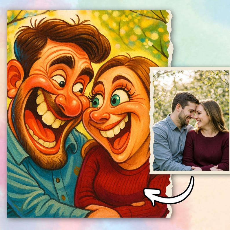 May include: A cartoon illustration of a smiling couple with exaggerated features, set against a blurred background. A smaller, realistic photo of the couple is included. The cartoon couple is wearing a blue shirt and a red sweater.
