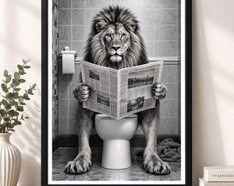 Lion Print, Funny Bathroom Decor, Lion in Toilet, Animal in toilet, Black And White Lion,Kids Bathroom Wall Art, Printable Digital Download