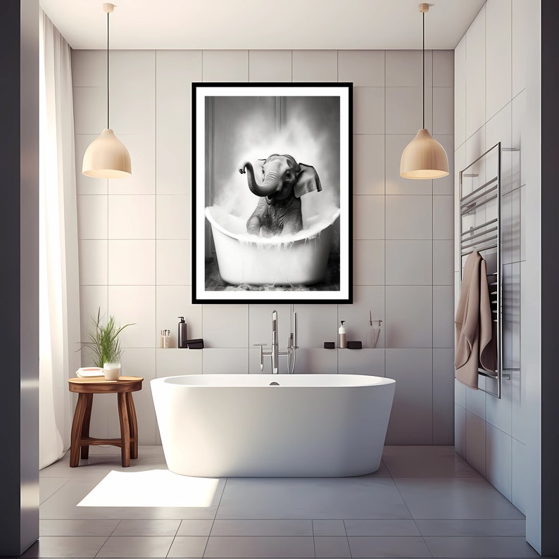 Adorable Baby Elephant in Tub Printable Wall Art, Bathroom Art,bathroom ...