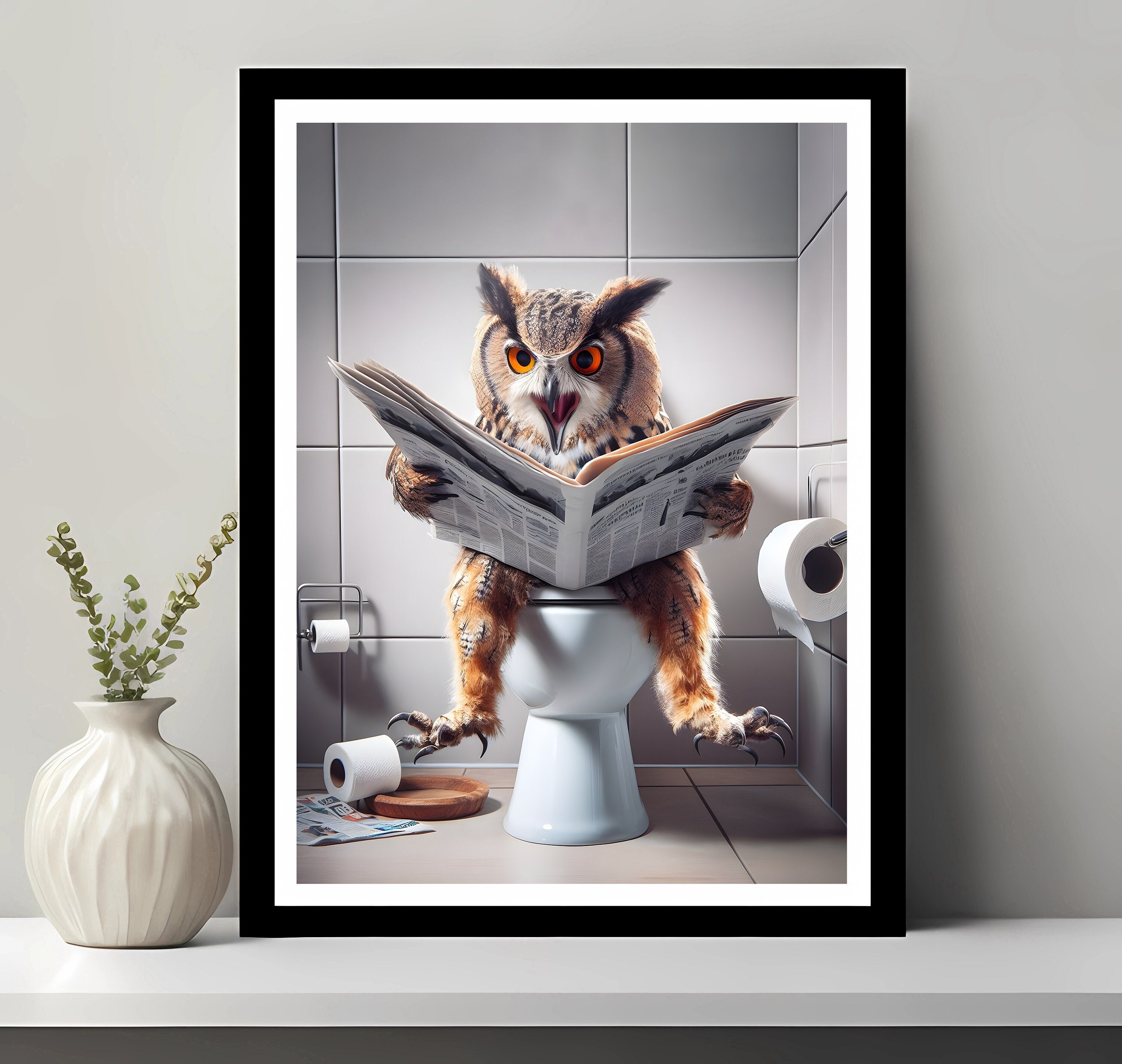 Owl Print, Bathroom art, Funny Bathroom Decor, Owl in Toilet, Animal in toilet, Owl Bathroom Art, To