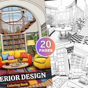 20 Interior Design Coloring Book, Grayscale Coloring Book, Adults + Kids Coloring Pages, Printable Coloring Page, Digital Download